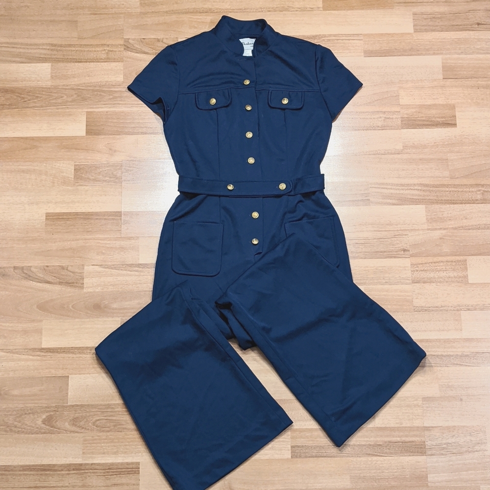 Vintage Miss Shaheen polyester one piece navy pantsuit